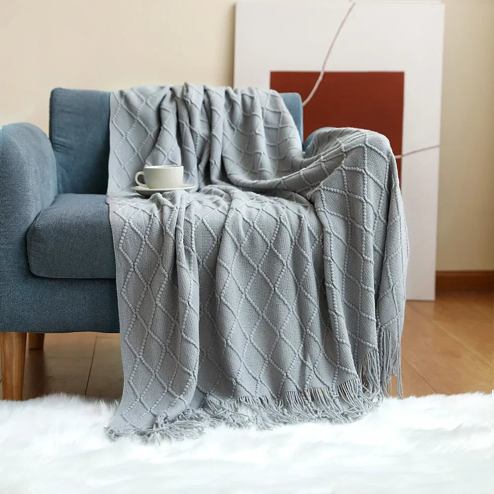 Green Knitted Throw Blanket for Beds with Tassel Gray Blue Solid Textured Plaid Sofa Cover Nordic Bed End Decor Soft Nap Blanket