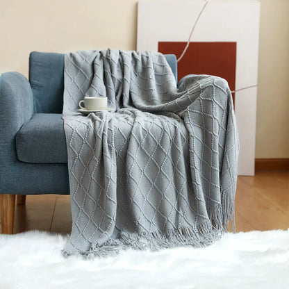 Green Knitted Throw Blanket for Beds with Tassel Gray Blue Solid Textured Plaid Sofa Cover Nordic Bed End Decor Soft Nap Blanket
