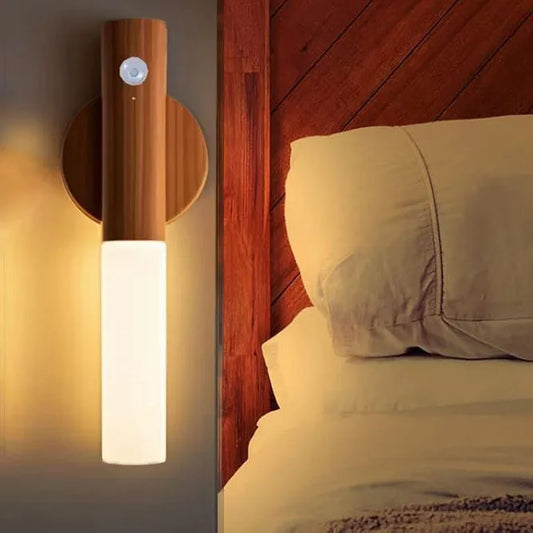 Magnetic LED Wall Light Motion Sensor 360°Rotation LED Rechargeable Night Light Wood Grain Wall Lamp Kitchen Light Lamp