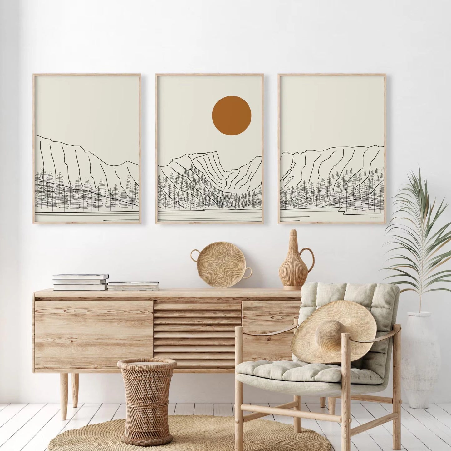 3pcs/set Japanese Alps Sunrise Canvas Printing Abstract Line Landscape Wall Art Art Poster for Modern Living Room & Home Decor