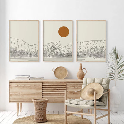 3pcs/set Japanese Alps Sunrise Canvas Printing Abstract Line Landscape Wall Art Art Poster for Modern Living Room & Home Decor