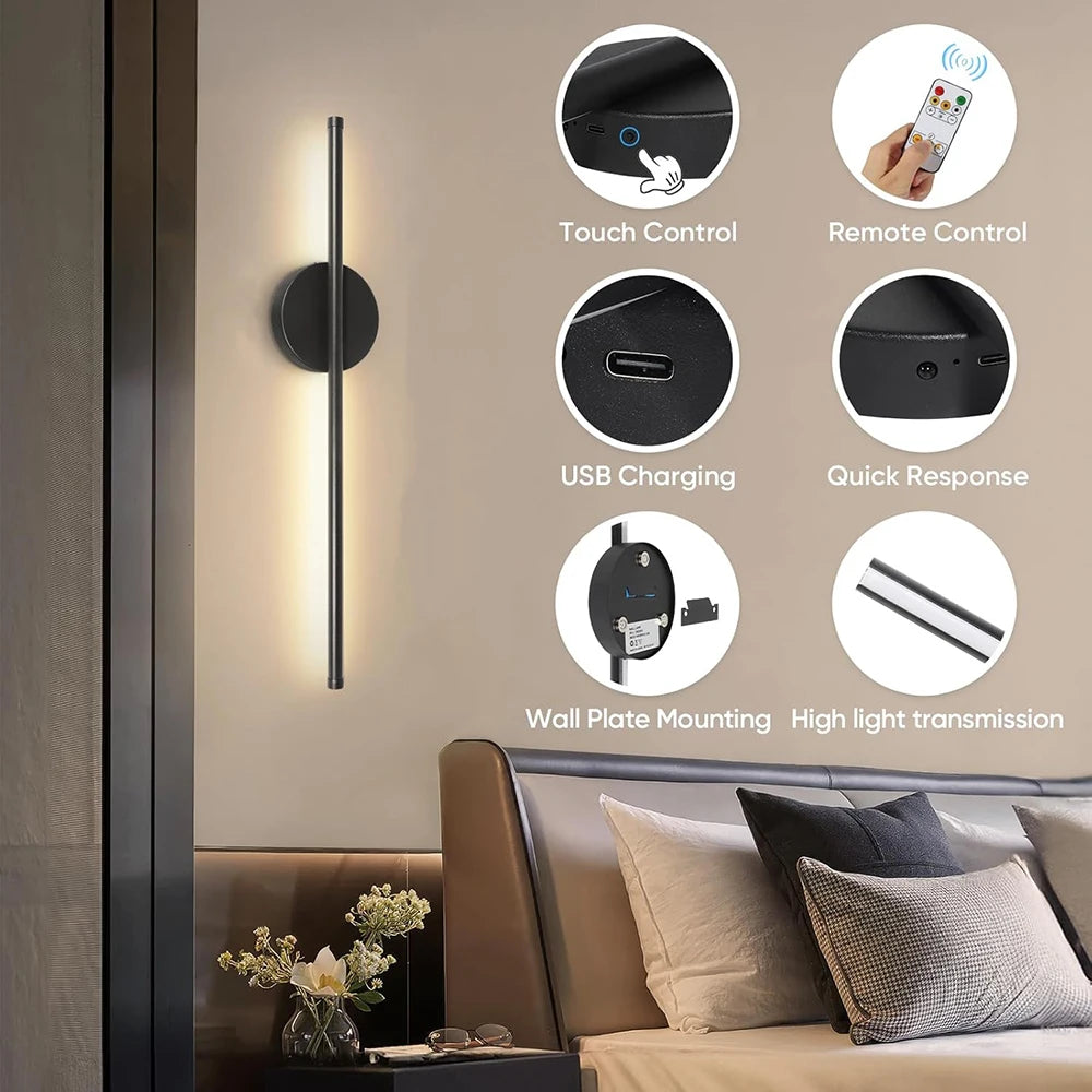 2PCS Rechargeable Wall Light LED 50cm/80cm Dimming Indoor Wall Sconce with Remote Beside Bedroom Lamp Home Decor Wiring Free