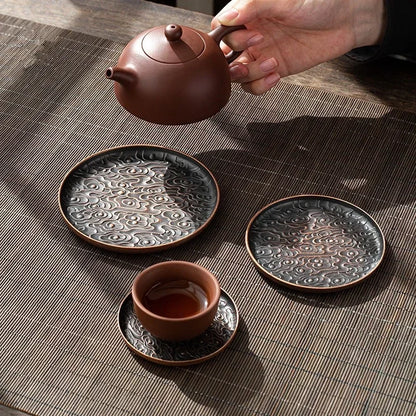 Retro Alloy Coaster Tea Cup Tray Round Japanese Teaware Accessories Insulation Pad Coffee Pad Tea Tray Home Desktop Decoration