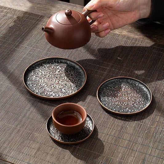 Retro Alloy Coaster Tea Cup Tray Round Japanese Teaware Accessories Insulation Pad Coffee Pad Tea Tray Home Desktop Decoration