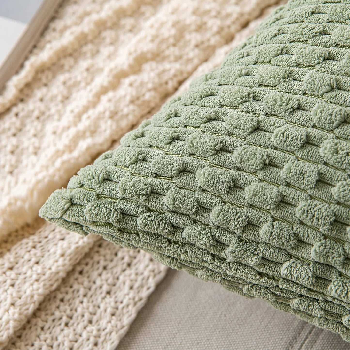 Green Pillow Covers Spring Decorations Boho Striped Corduroy Throw Pillow Cases Soft Plush Farmhouse Couch Cushion Case 45x45CM