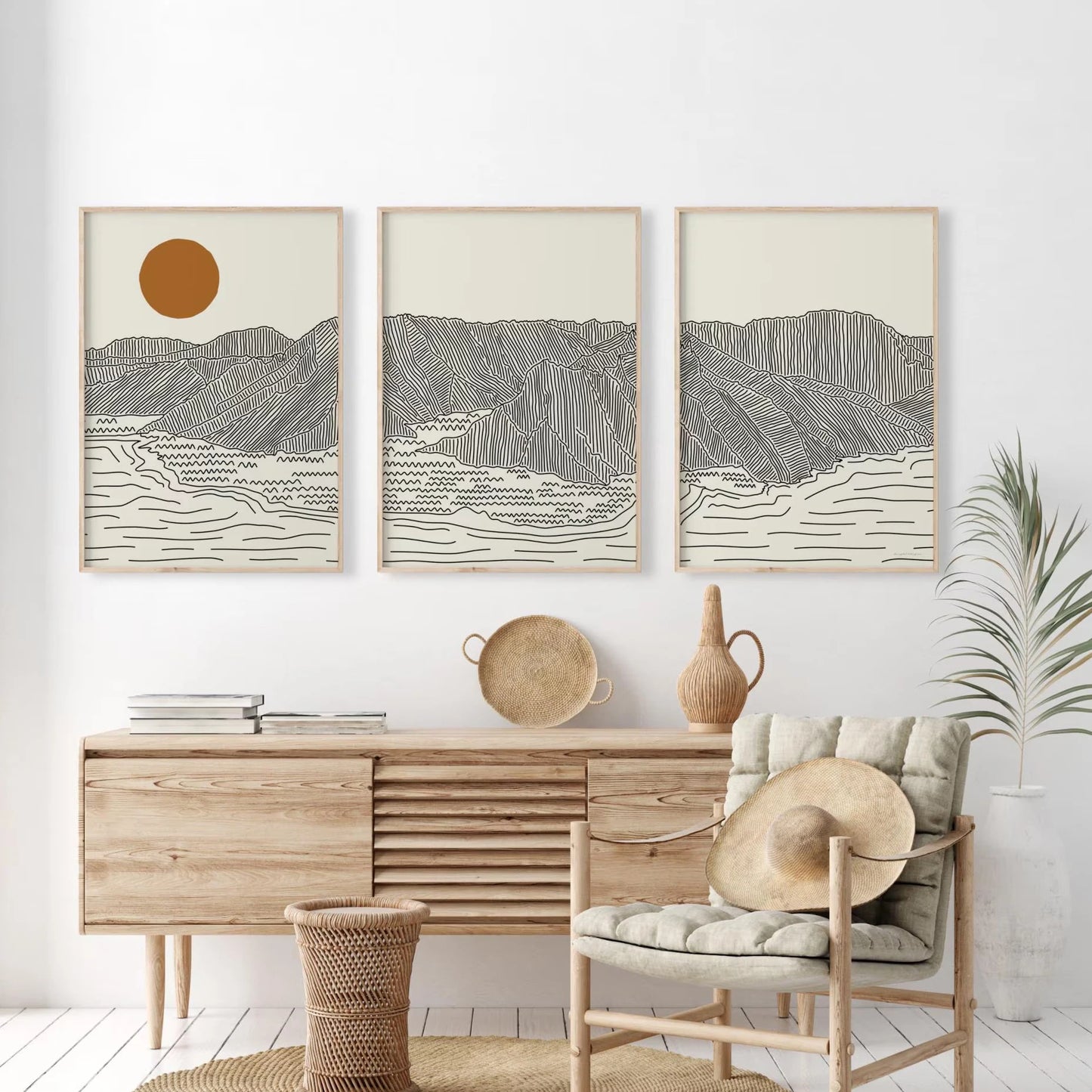 3pcs/set Japanese Alps Sunrise Canvas Printing Abstract Line Landscape Wall Art Art Poster for Modern Living Room & Home Decor