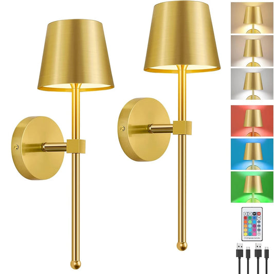2X Operated Wall Sconce, Gold Rechargeable Wall Lights with Dimmable Bulbs and Remote, 15 Colors Wireless Wall Lamps for Bedroom