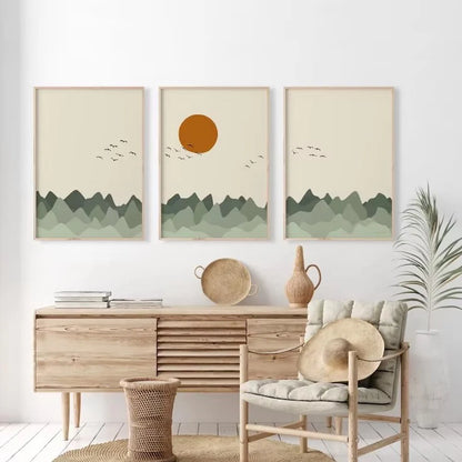 3pcs/set Japanese Alps Sunrise Canvas Printing Abstract Line Landscape Wall Art Art Poster for Modern Living Room & Home Decor