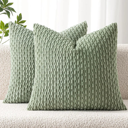 Spring Decorative Throw Pillow Covers Farmhouse Boho Home Decor Striped Corduroy Square Pillowcases 20 X 20 Inch Green