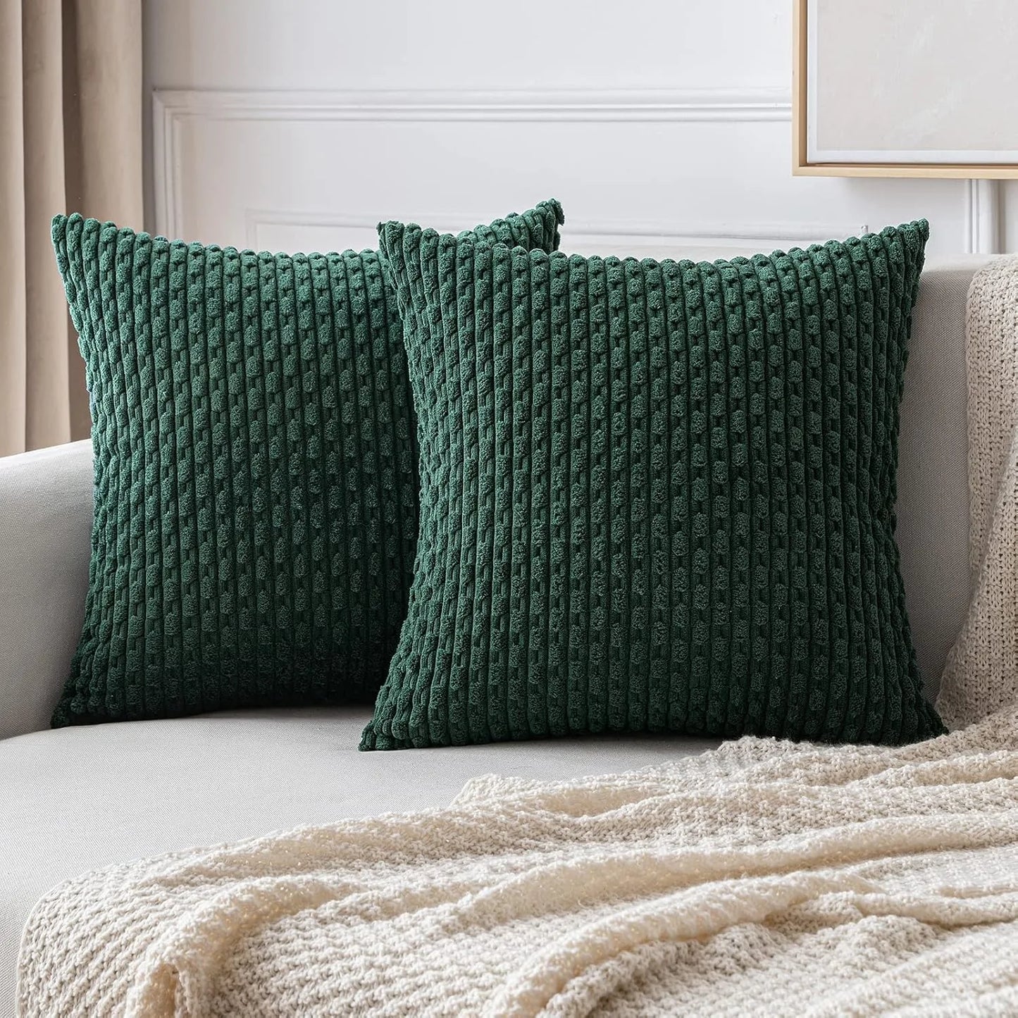 Green Pillow Covers Spring Decorations Boho Striped Corduroy Throw Pillow Cases Soft Plush Farmhouse Couch Cushion Case 45x45CM