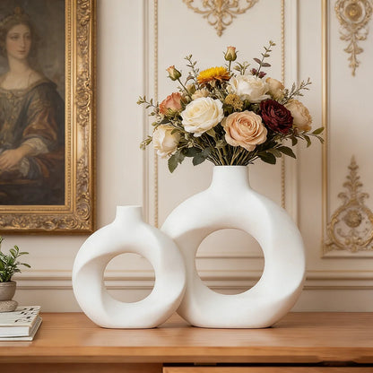 2pcs/set New Geometric Ceramic Vases Sweet Circle Vases Desktop Vases Decorative Items Handicrafts Living Room White Pottery