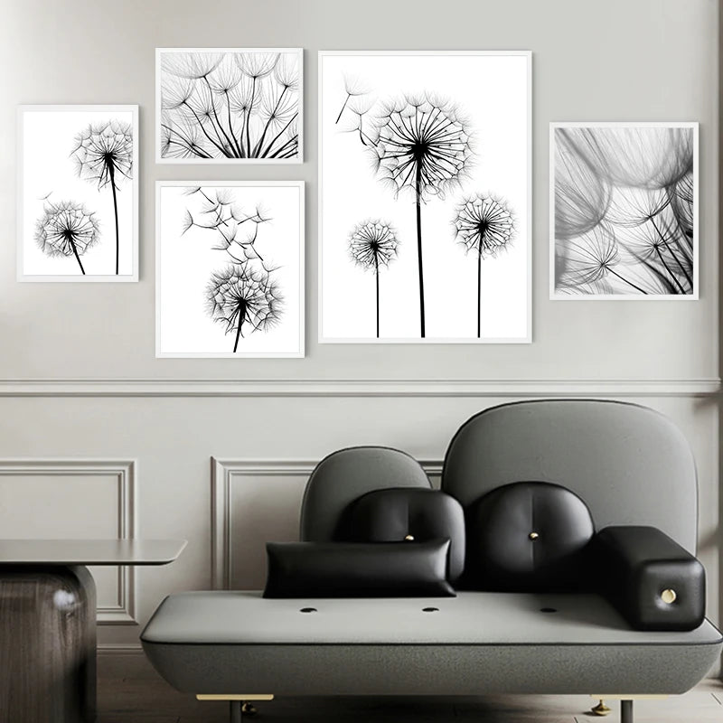 Dandelion Flower Black and White Decorative Canvas Art Print Poster Nordic Modern Painting Wall Elegant Picture for Living Room