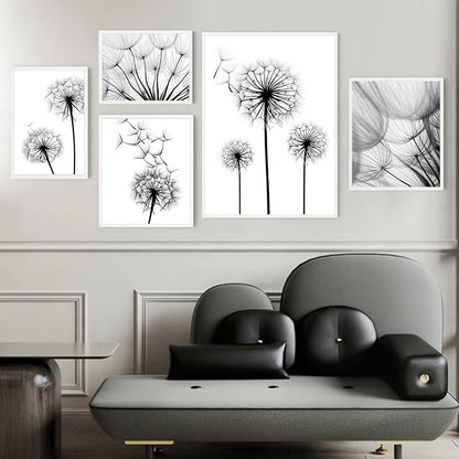 Dandelion Flower Black and White Decorative Canvas Art Print Poster Nordic Modern Painting Wall Elegant Picture for Living Room