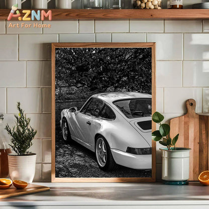 AZNM Vintage Porsche Classic Car Wall Art Print, Single Unframed Canvas Poster, Featuring Black and White Photography of Retro P