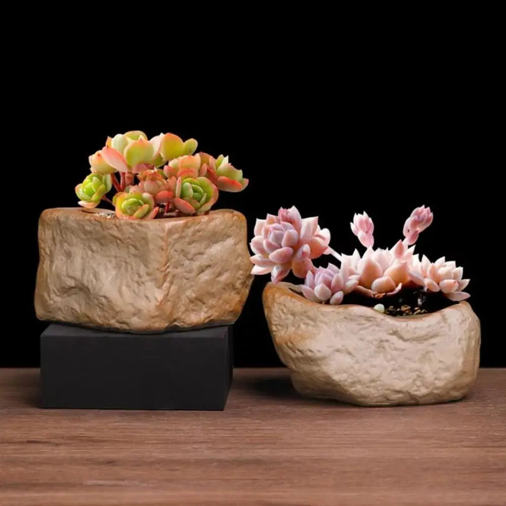 Ceramic Succulent Plant Pots Stone Shape with Drainage Hole Plants Growing Container Wear Resistant Plant Flower Pot
