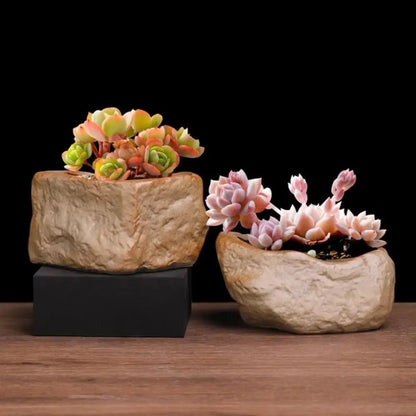 Ceramic Succulent Plant Pots Stone Shape with Drainage Hole Plants Growing Container Wear Resistant Plant Flower Pot