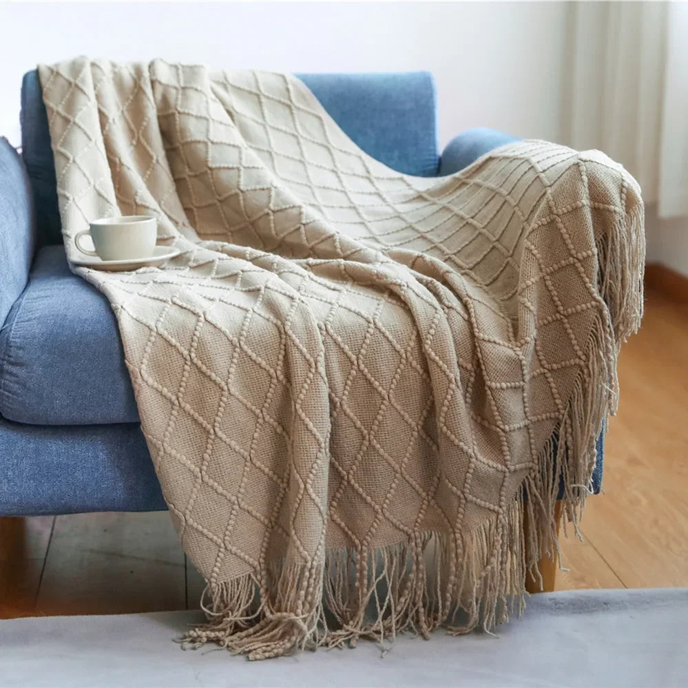 Green Knitted Throw Blanket for Beds with Tassel Gray Blue Solid Textured Plaid Sofa Cover Nordic Bed End Decor Soft Nap Blanket