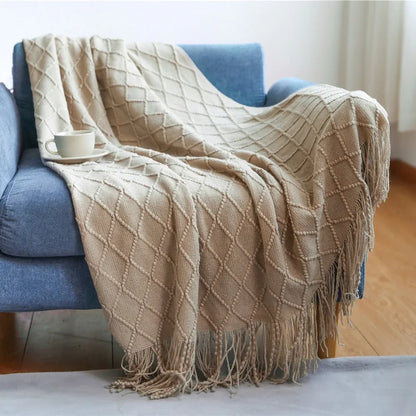 Green Knitted Throw Blanket for Beds with Tassel Gray Blue Solid Textured Plaid Sofa Cover Nordic Bed End Decor Soft Nap Blanket