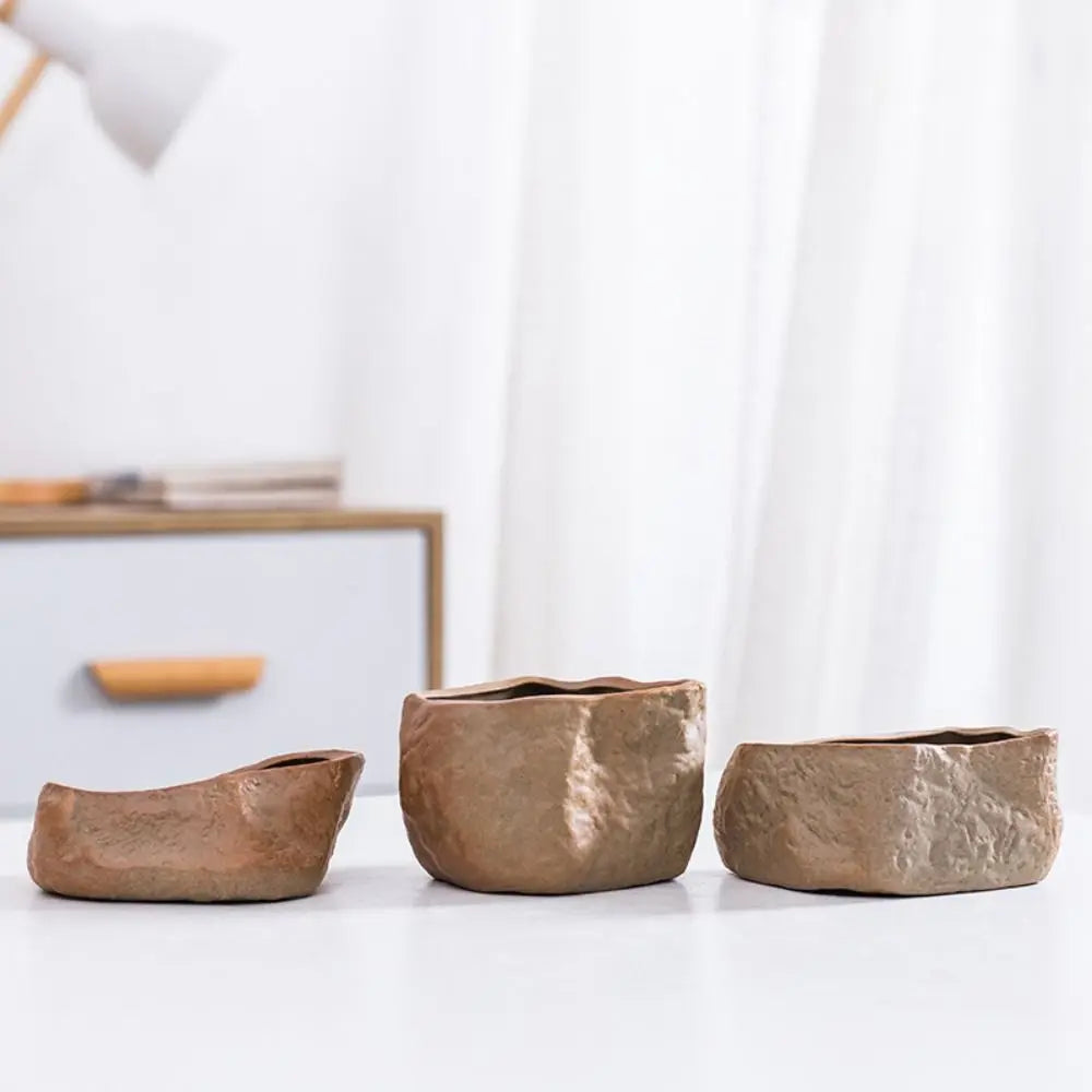 Ceramic Succulent Plant Pots Stone Shape with Drainage Hole Plants Growing Container Wear Resistant Plant Flower Pot