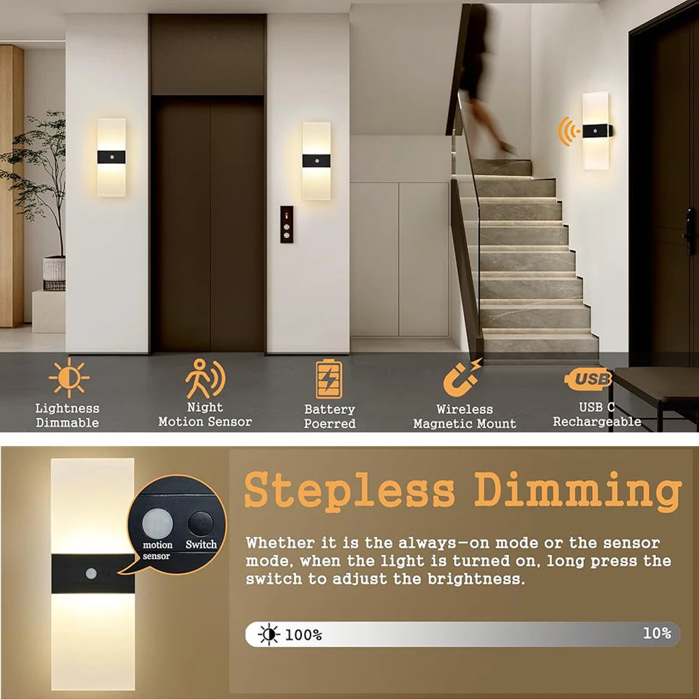 2PCS USB Rechargeable Wall Lamp Touch Motion Sensor Switch Indoor Acrylic Night Light Bedroom Bedside Wall Sconce LED Wall Light