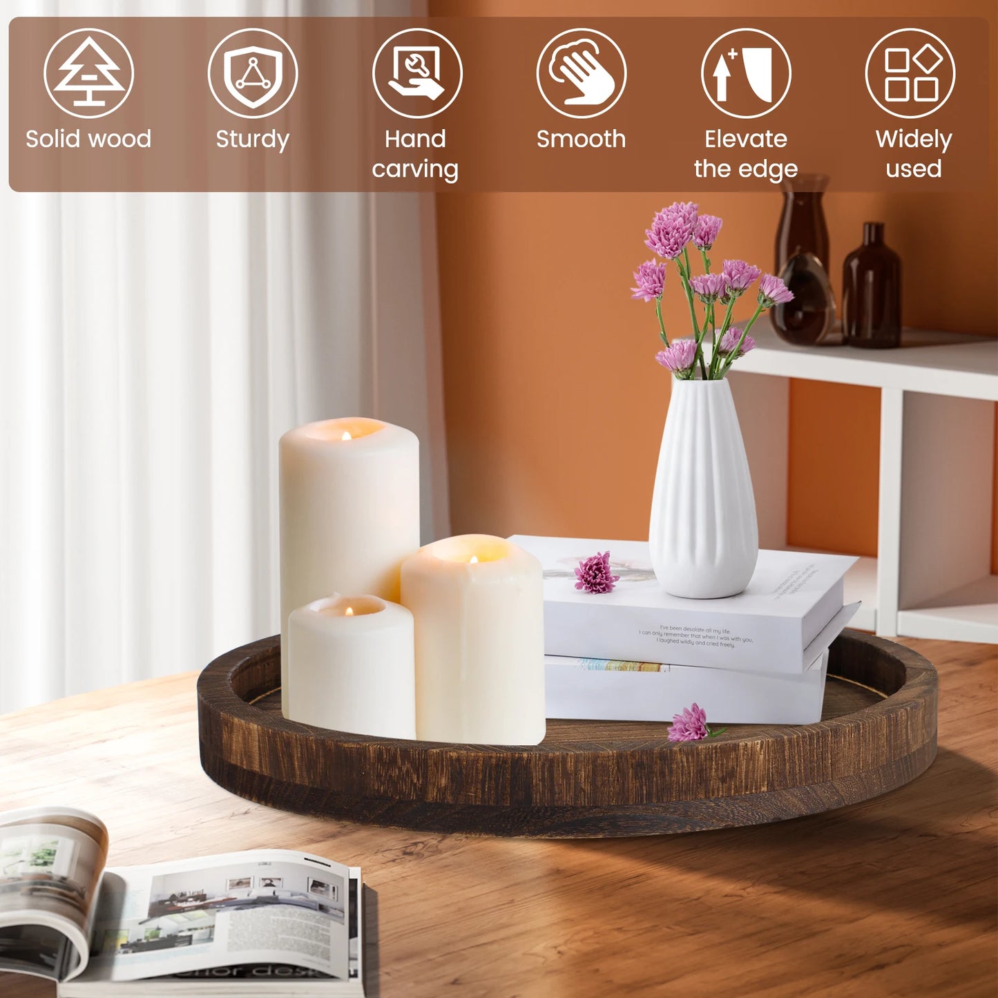30 CM Round Wooden Tray Retro Decorative Coffee Meal Trays Serving Platter Multipurpose Candle Holder Trays for Table Home Decor