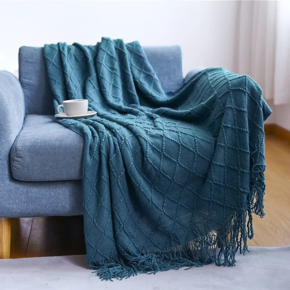 Green Knitted Throw Blanket for Beds with Tassel Gray Blue Solid Textured Plaid Sofa Cover Nordic Bed End Decor Soft Nap Blanket
