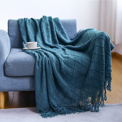 Green Knitted Throw Blanket for Beds with Tassel Gray Blue Solid Textured Plaid Sofa Cover Nordic Bed End Decor Soft Nap Blanket