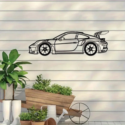 Contemporary Metal Wall Art: 911 Sports Car Silhouette for Auto Enthusiasts