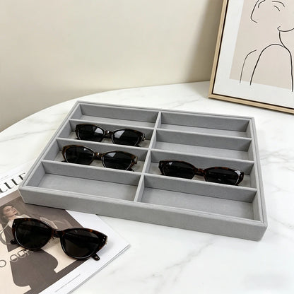 Versatile Gray Velvet Organizer Tray for Glasses, Jewelry & Watches - 8-Compartment, Stackable Display Storage Box, Jewelry Tray