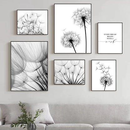 Dandelion Flower Black and White Decorative Canvas Art Print Poster Nordic Modern Painting Wall Elegant Picture for Living Room