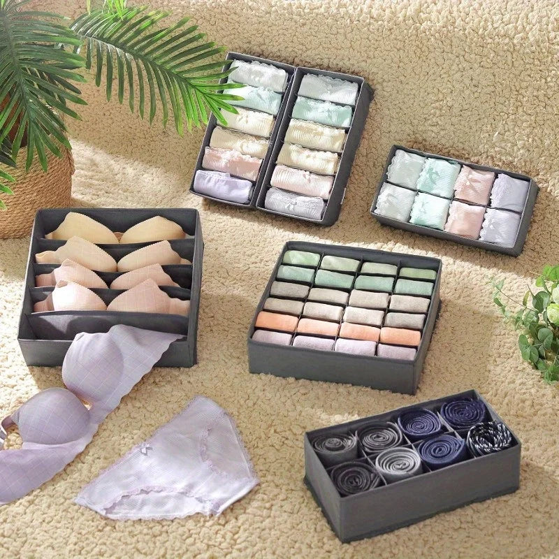 4pcs Foldable Drawer Organizer Set, Closet Storage System for Bras, Socks, and Ties, Gray RUS04GY, Polyester Material