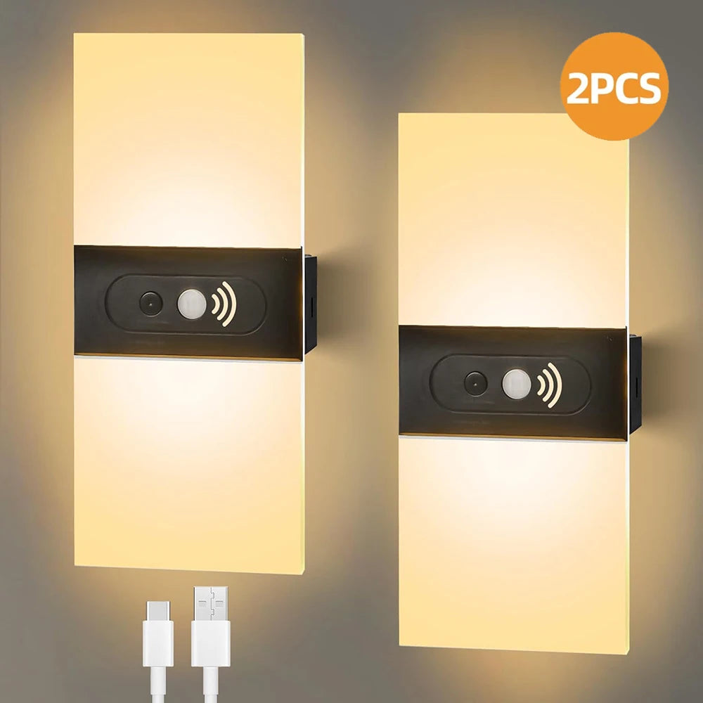 2PCS USB Rechargeable Wall Lamp Touch Motion Sensor Switch Indoor Acrylic Night Light Bedroom Bedside Wall Sconce LED Wall Light