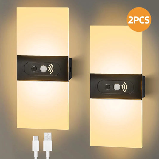 2PCS USB Rechargeable Wall Lamp Touch Motion Sensor Switch Indoor Acrylic Night Light Bedroom Bedside Wall Sconce LED Wall Light