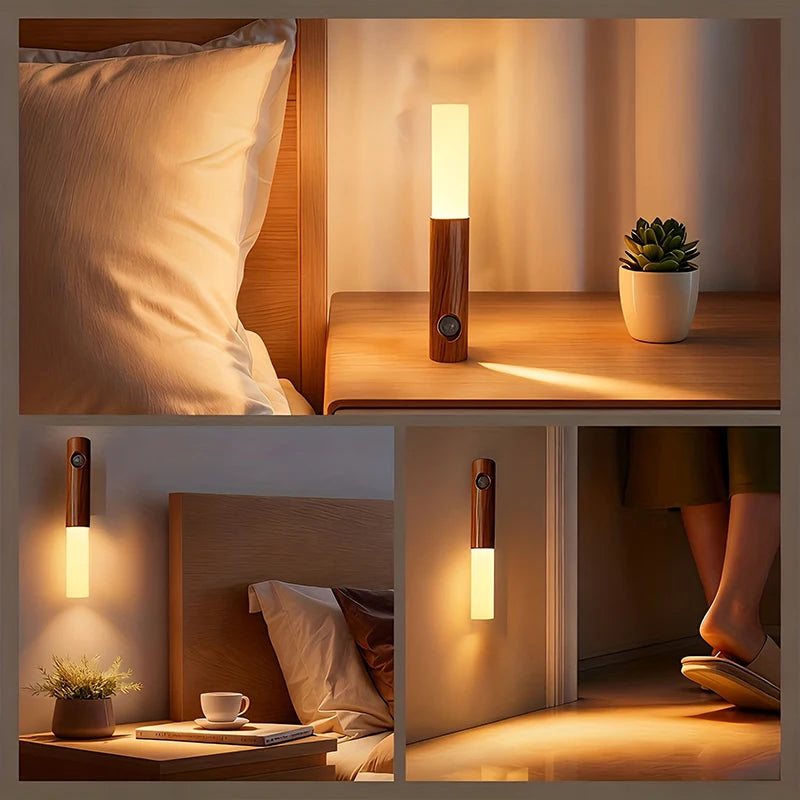Magnetic LED Wall Light Motion Sensor 360°Rotation LED Rechargeable Night Light Wood Grain Wall Lamp Kitchen Light Lamp