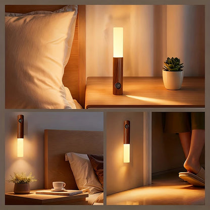 Magnetic LED Wall Light Motion Sensor 360°Rotation LED Rechargeable Night Light Wood Grain Wall Lamp Kitchen Light Lamp