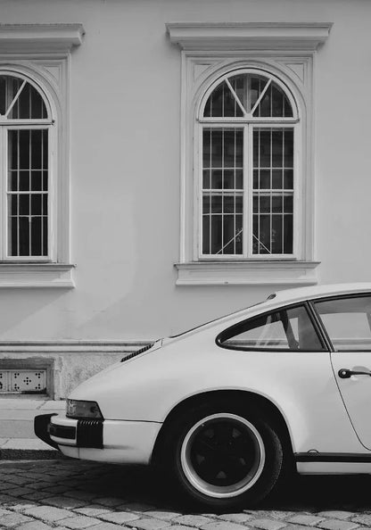 AZNM Vintage Porsche Classic Car Wall Art Print, Single Unframed Canvas Poster, Featuring Black and White Photography of Retro P