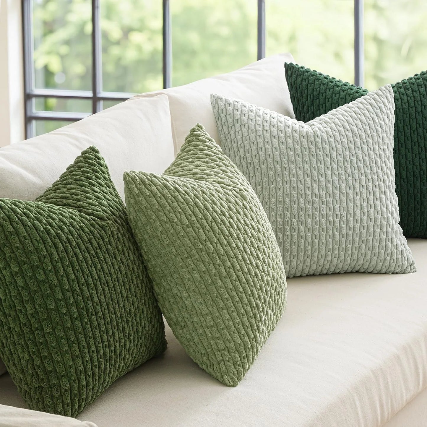 Spring Decorative Throw Pillow Covers Farmhouse Boho Home Decor Striped Corduroy Square Pillowcases 20 X 20 Inch Green