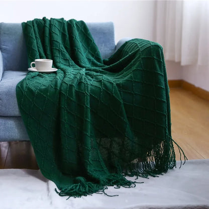 Green Knitted Throw Blanket for Beds with Tassel Gray Blue Solid Textured Plaid Sofa Cover Nordic Bed End Decor Soft Nap Blanket