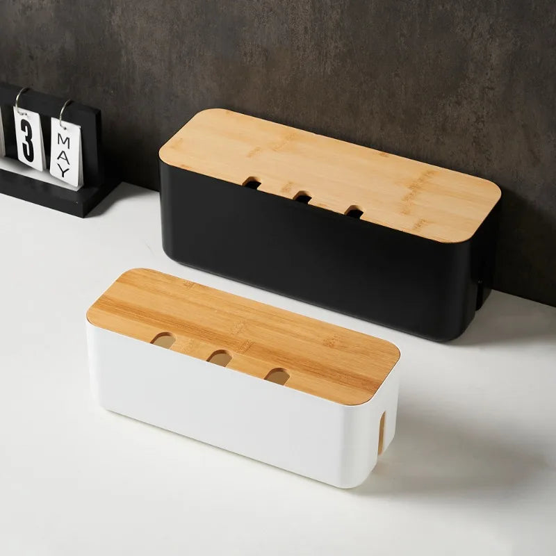 Hide Wires Desk Computer Cable Organizer Box Bamboo Cover Wire Junction Board Storage Box for Phone Cable Cable Management Box