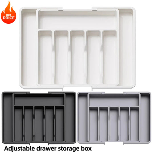Silverware Drawer Organizer, Adjustable Expandable Utensil Tray, Plastic Cutlery Storage for Flatware, Knives, Spoons, Gadgets