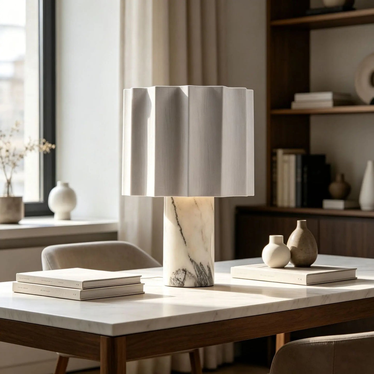 Modern Minimalist Marble Table Lamp Designer Pleated Fabric Lampshade Bedroom Bedside Bar Counter Touch Decorative Table Lamp