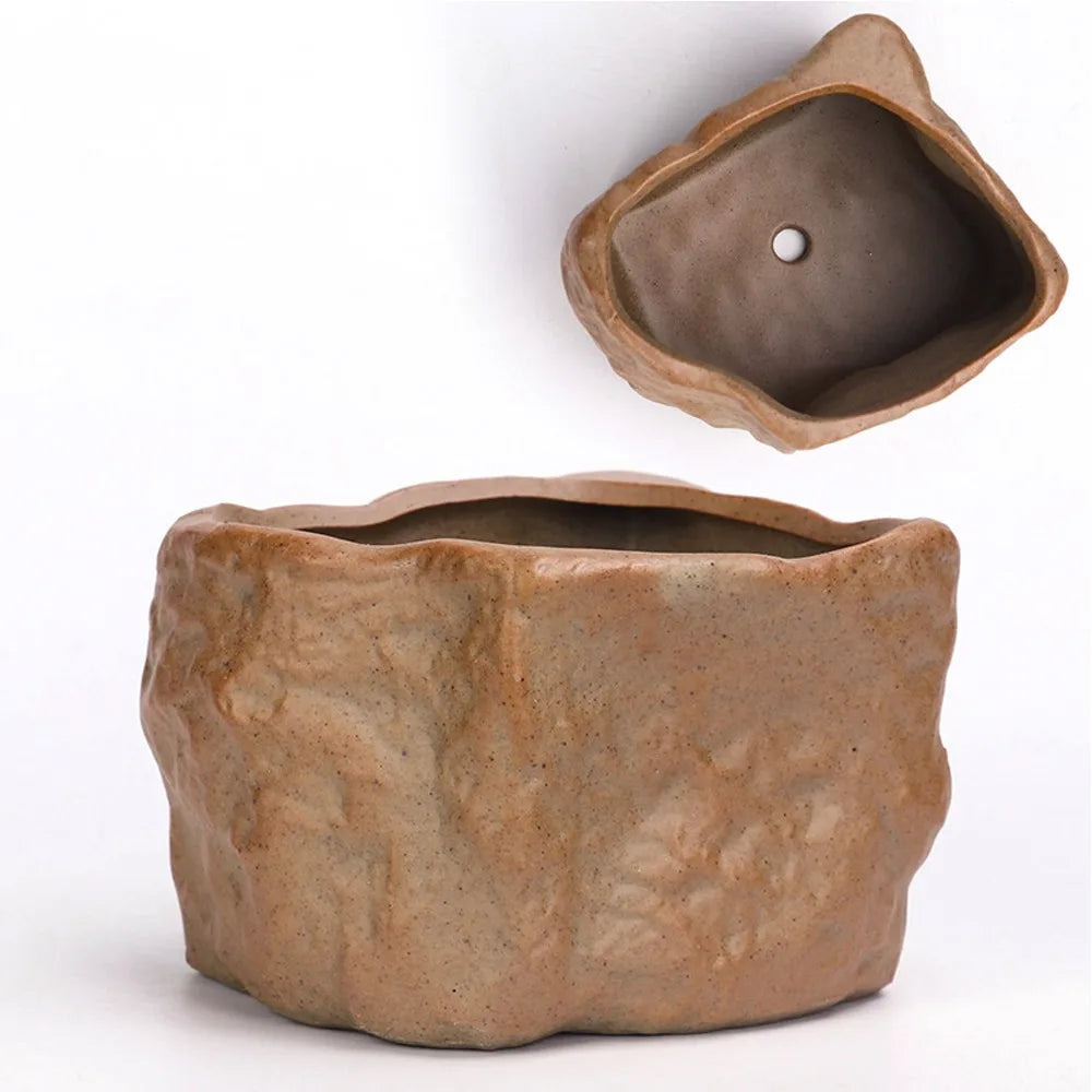 Ceramic Succulent Plant Pots Stone Shape with Drainage Hole Plants Growing Container Wear Resistant Plant Flower Pot