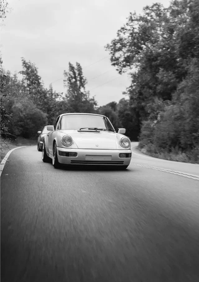 AZNM Vintage Porsche Classic Car Wall Art Print, Single Unframed Canvas Poster, Featuring Black and White Photography of Retro P
