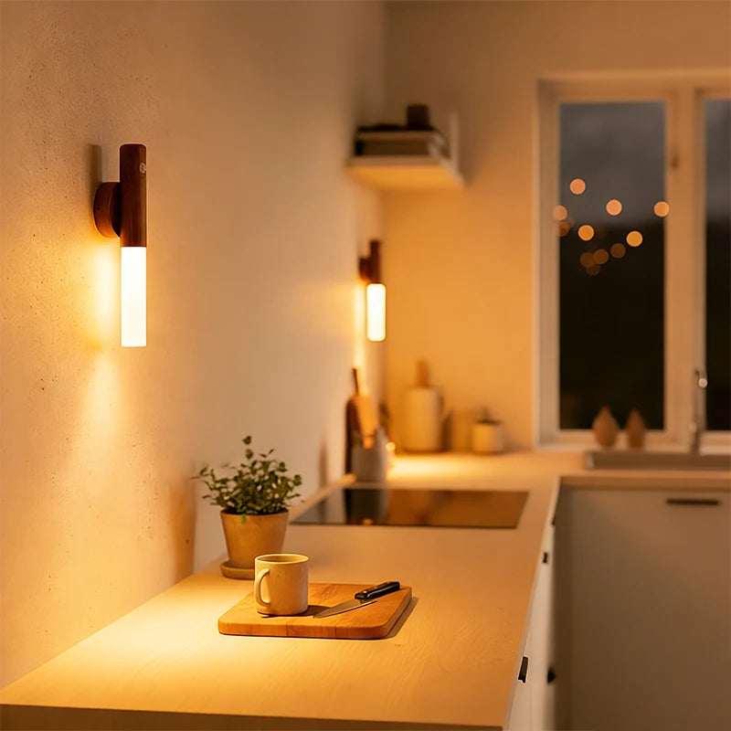 Magnetic LED Wall Light Motion Sensor 360°Rotation LED Rechargeable Night Light Wood Grain Wall Lamp Kitchen Light Lamp