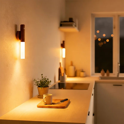 Magnetic LED Wall Light Motion Sensor 360°Rotation LED Rechargeable Night Light Wood Grain Wall Lamp Kitchen Light Lamp