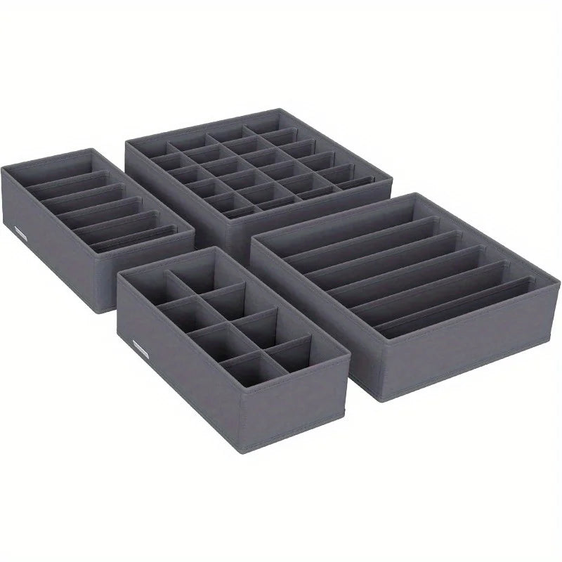 4pcs Foldable Drawer Organizer Set, Closet Storage System for Bras, Socks, and Ties, Gray RUS04GY, Polyester Material
