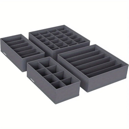 4pcs Foldable Drawer Organizer Set, Closet Storage System for Bras, Socks, and Ties, Gray RUS04GY, Polyester Material